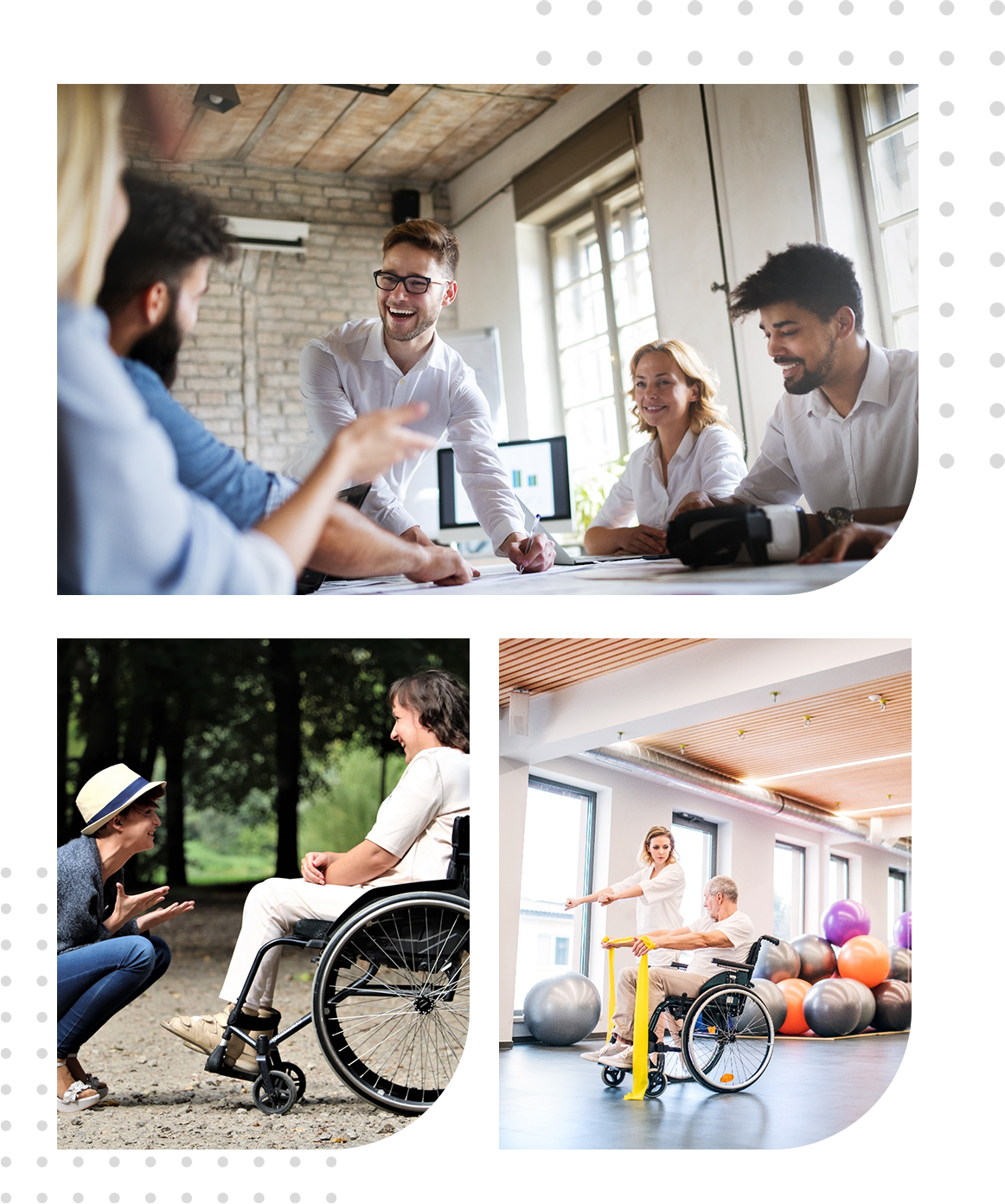 a group of ndis registration professionals in a meeting, an ndis health professional in the bottom with two elderly people